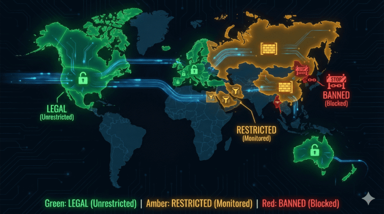 A color-coded world map infographic illustrating the global landscape to answer is using a vpn legal by country.