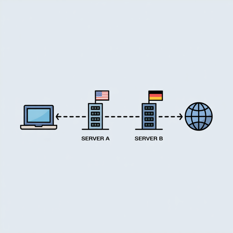 An illustration of a multi-hop VPN routing data through two different secure servers in separate countries for maximum privacy.