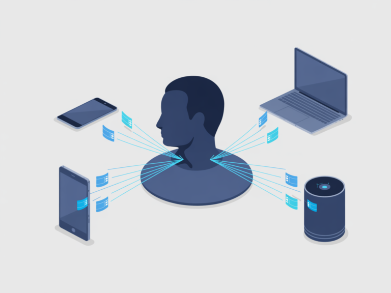 Illustration of cross-device tracking linking a smartphone and laptop to a single user identity