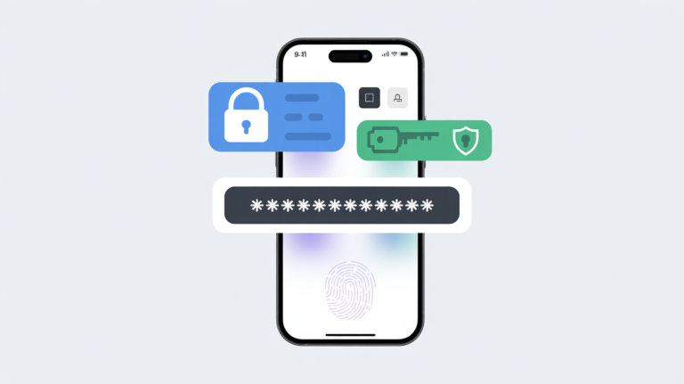 Illustration demonstrating advanced password management and two-factor authentication (2FA) security interfaces on a smartphone.