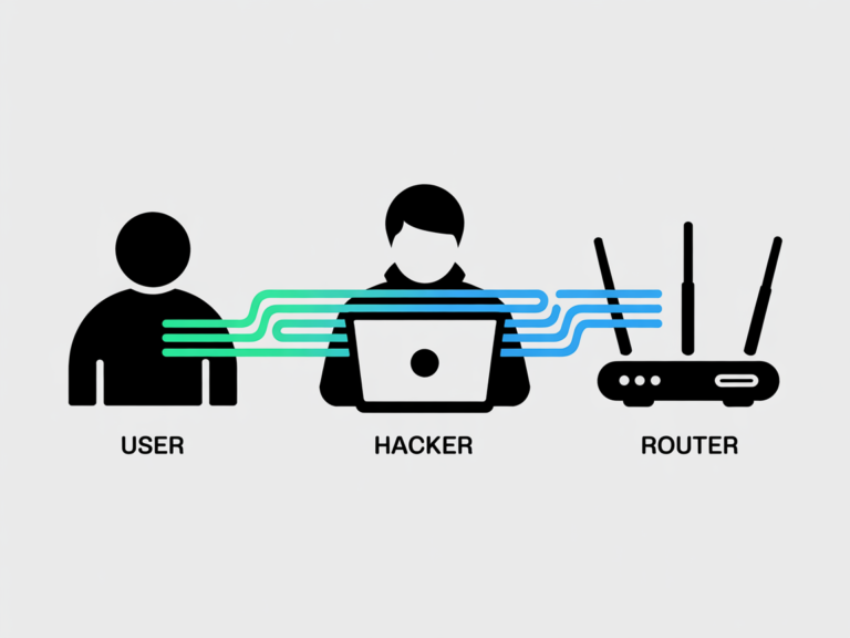 Diagram showing how a Man-in-the-Middle (MitM) attack intercepts data between a user and a public Wi-Fi router.