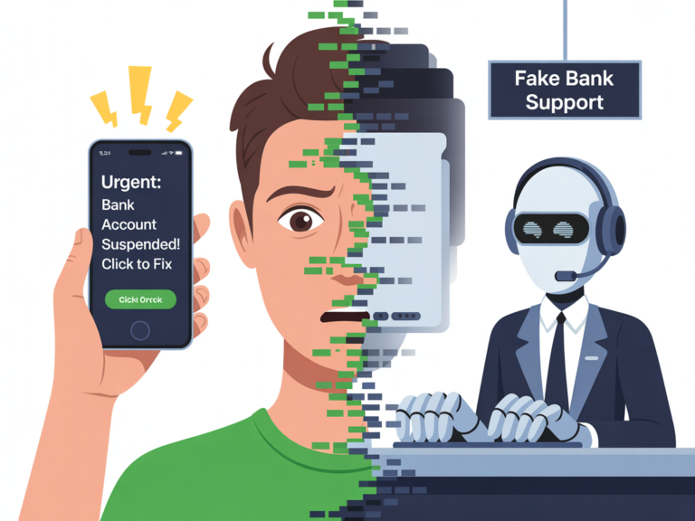 Split-screen visualization of an AI phishing scam, showing a robotic attacker sending a fake bank alert to a confused user's phone.