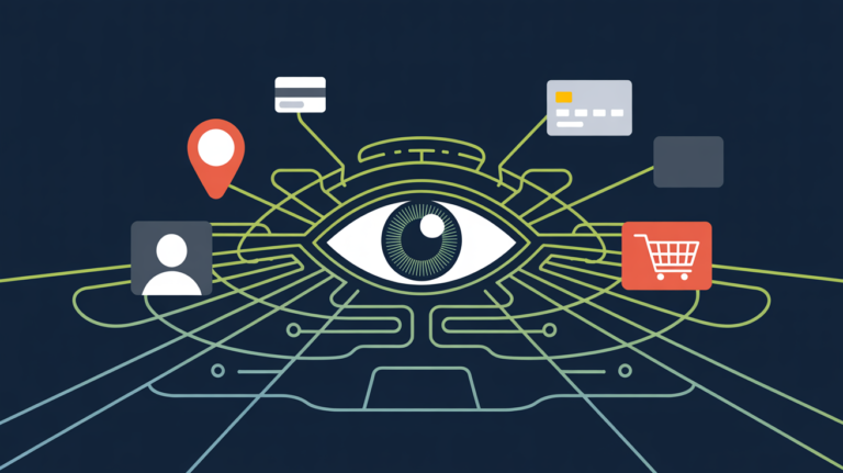Digital surveillance concept showing a human silhouette connected to a web of data trackers
