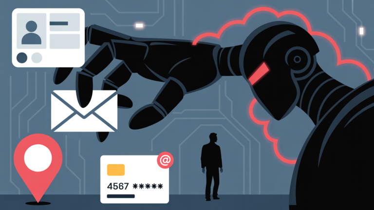 Visual representation of AI data harvesting showing a robotic arm collecting scattered personal information icons like credit cards and emails.