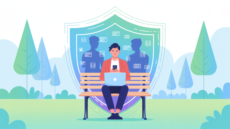 A user browsing confidently on a laptop behind a multi-layered digital privacy shield, keeping online threats out.