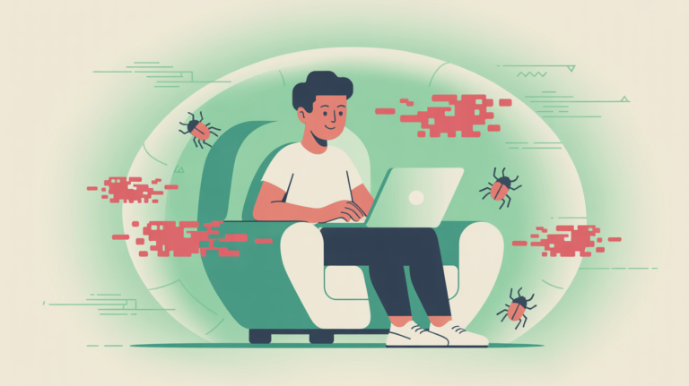 A confident beginner browsing safely on a laptop inside a protective green digital safety bubble, keeping threats out.