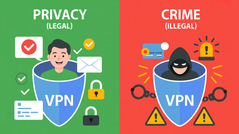A split-panel illustration showing that while privacy is protected, using a VPN for crime means the answer to is using a vpn legal is no.