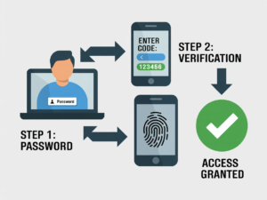 Three-step diagram of multi-factor authentication process for better account privacy
