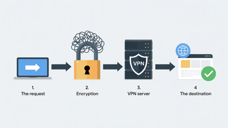 A 4-step technical flowchart showing the encryption and routing process for what is a vpn and how does it work.