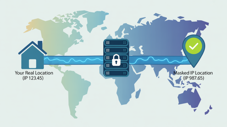 An infographic showing an IP address being masked by a secure server, demonstrating what is a vpn and how does it work.