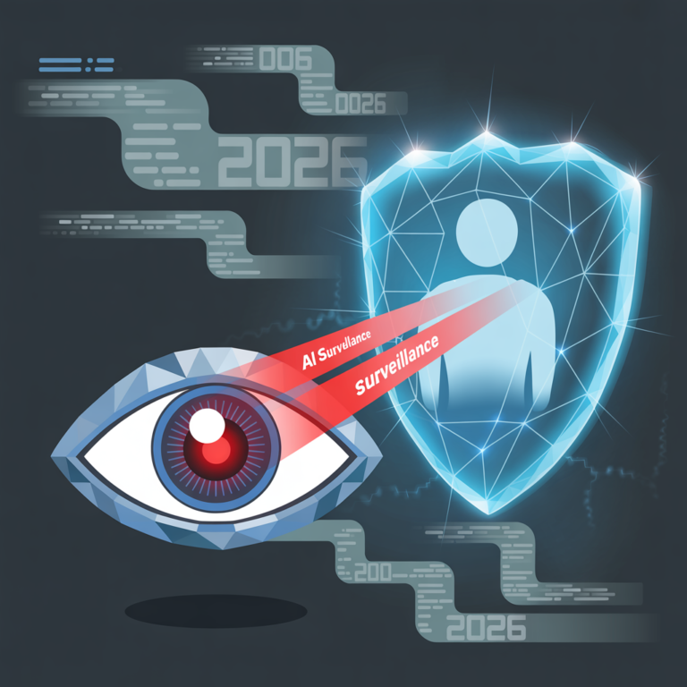 An illustration of a digital VPN shield protecting a user from futuristic AI surveillance scanning, relevant to VPN legality in 2026.