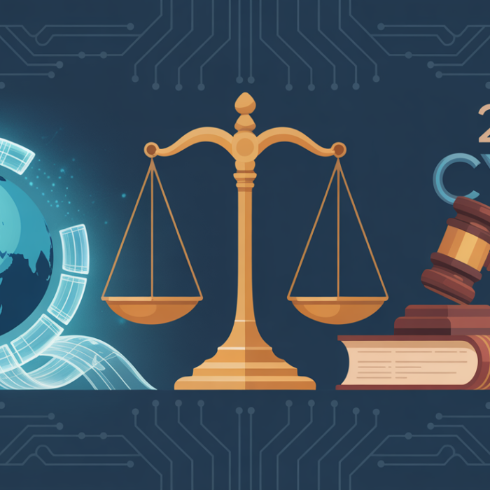 Illustration of a digital globe balanced on scales of justice with a judge's gavel, visualizing the core question: is using a vpn legal?