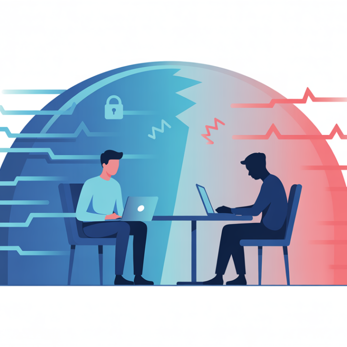 Illustration of public Wi-Fi security risks showing a hacker attempting to intercept data at a coffee shop.