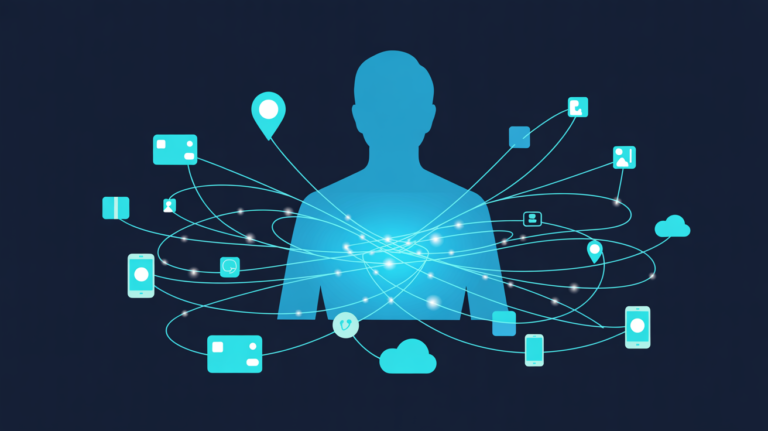 Digital footprint illustration showing personal data points connected to a central user profile