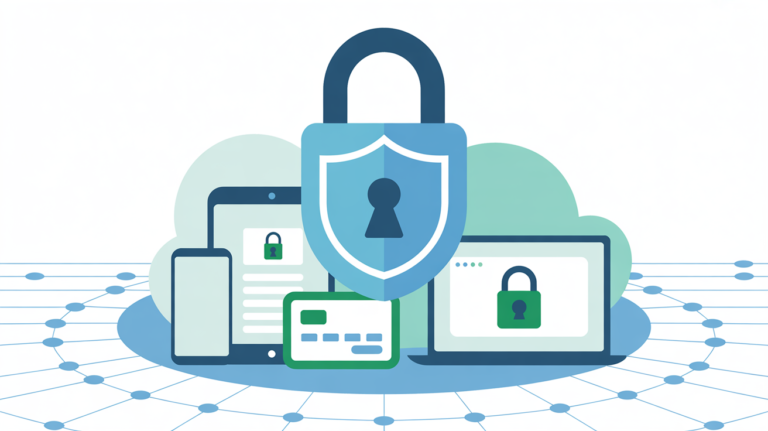 Illustration of a digital padlock and shield protecting a laptop, smartphone, and credit card, representing cybersecurity basics for beginners.