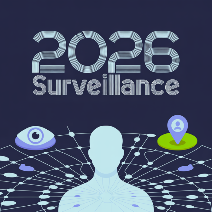 Digital surveillance concept showing a human silhouette connected to a web of data trackers