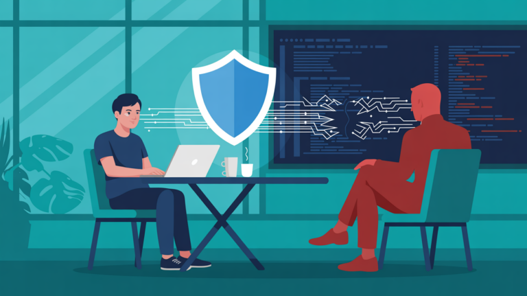 Illustration of public Wi-Fi security risks showing a hacker attempting to intercept data at a coffee shop.