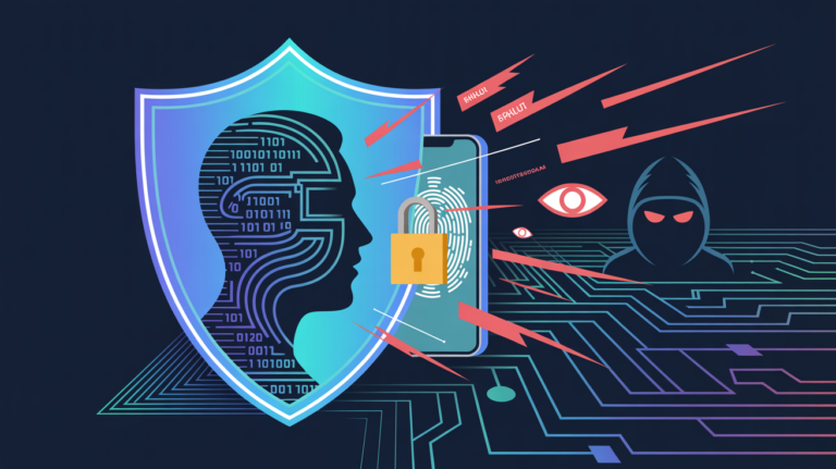 Illustration of a digital shield protecting a user profile and smartphone from hackers as part of how to protect personal information online.