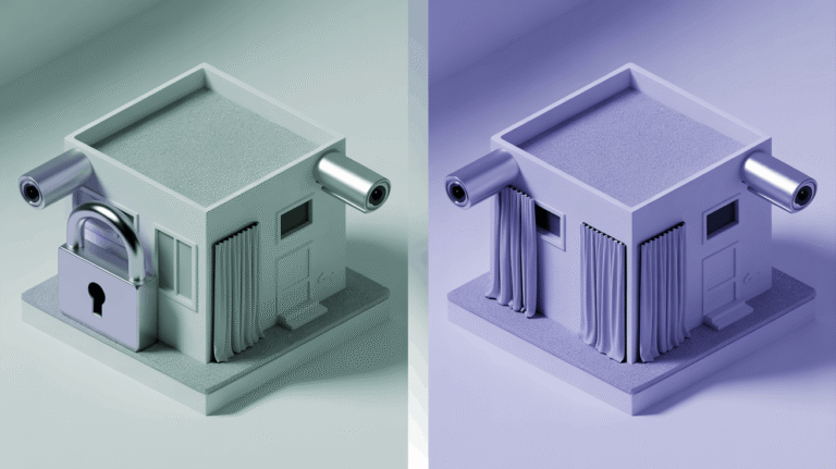 Comparison of online security vs privacy using a house with locks and curtains as a metaphor