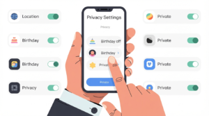 A hand adjusting social media privacy settings on a smartphone screen to disable location and data tracking.